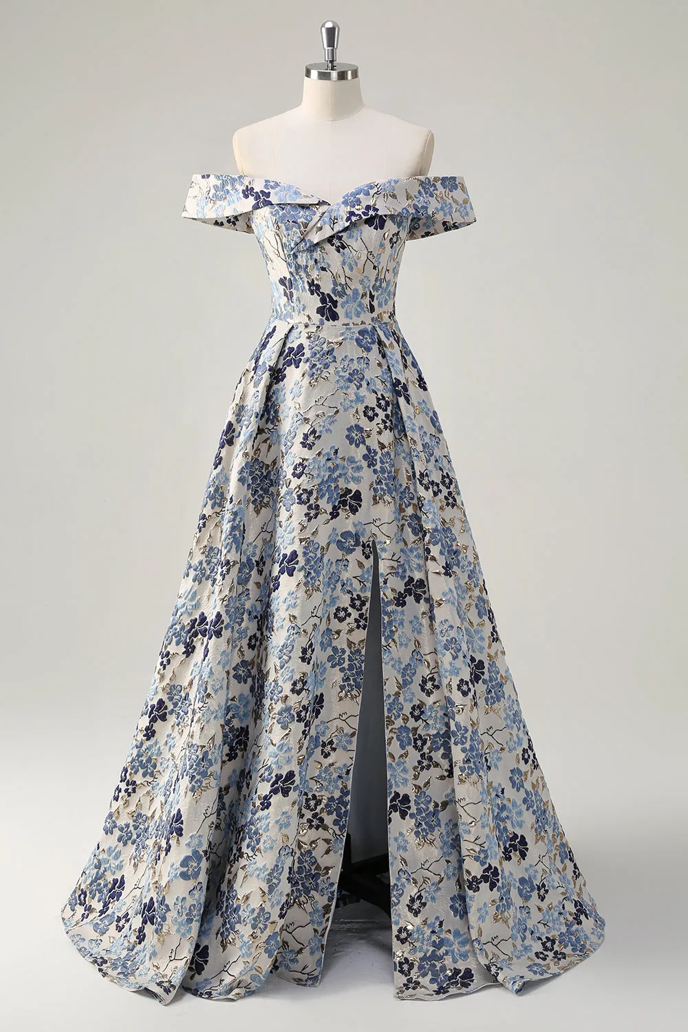 Blue Floral A-Line Strapless Pleated Long Prom Dress With Slit sold by Wedtrend