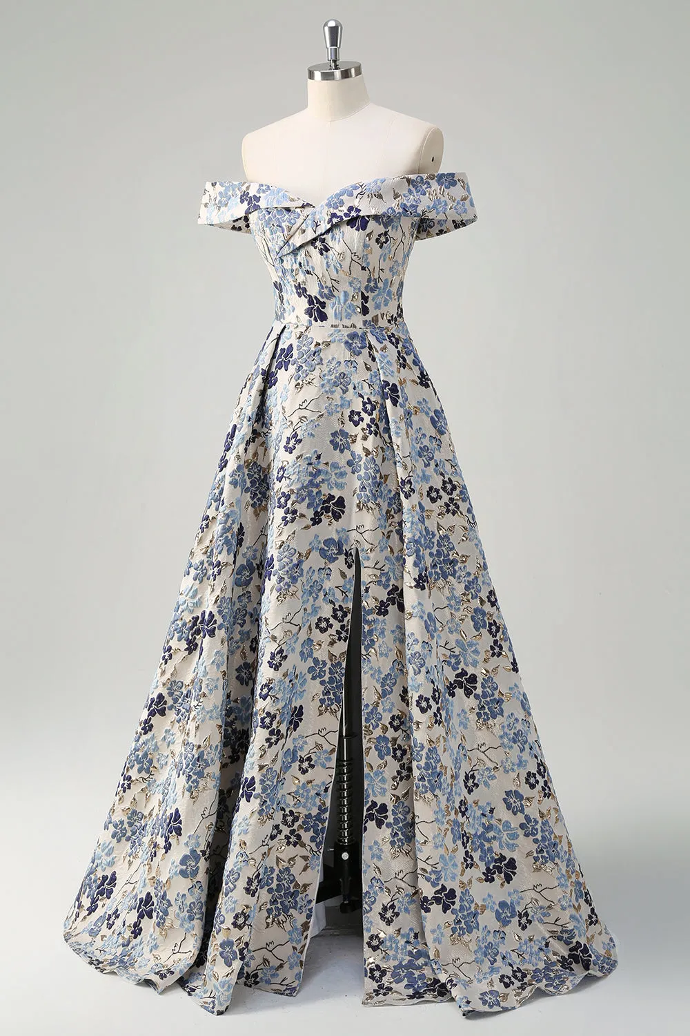 Blue Floral A-Line Strapless Pleated Long Prom Dress With Slit sold by Wedtrend product image thumbnail 3