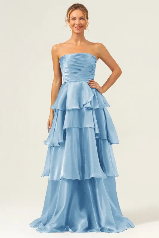 Blue A-Line Strapless Tiered Pleated Ruffled Floor Length Dress sold by Wedtrend