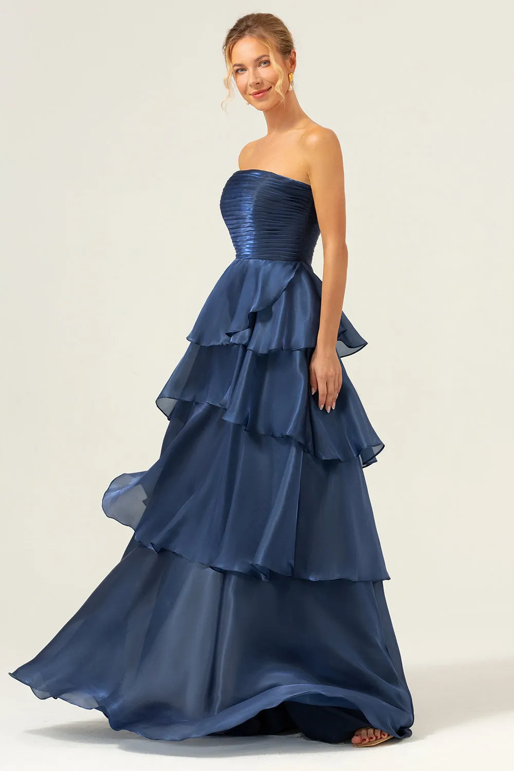 Blue A-Line Strapless Tiered Pleated Ruffled Floor Length Dress sold by Wedtrend product image thumbnail 5