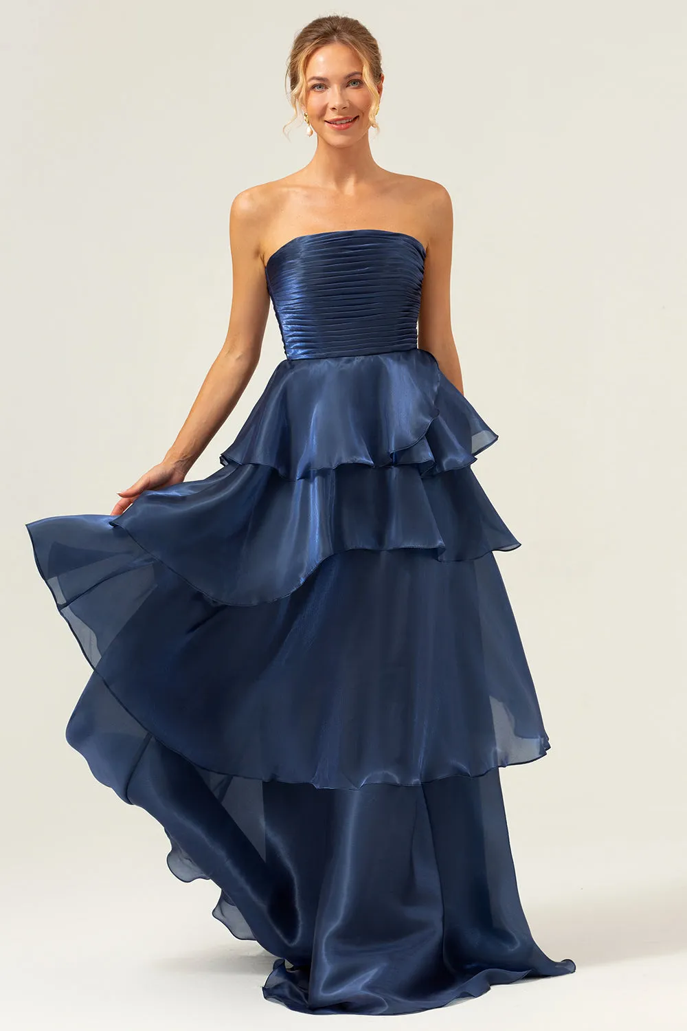 Blue A-Line Strapless Tiered Pleated Ruffled Floor Length Dress sold by Wedtrend product image thumbnail 3