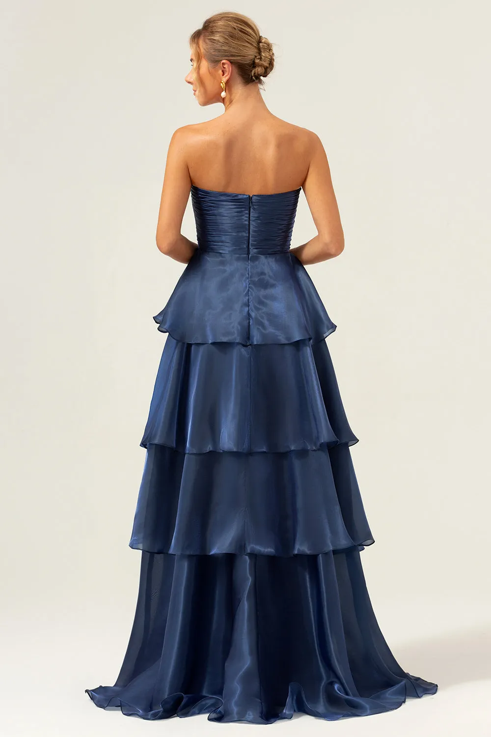 Blue A-Line Strapless Tiered Pleated Ruffled Floor Length Dress sold by Wedtrend product image thumbnail 4