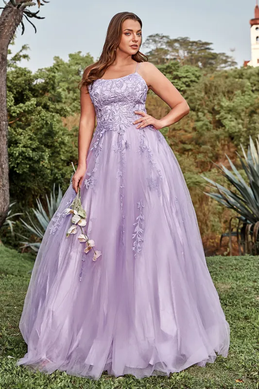 A-Line Spaghetti Straps Tulle Long Purple Prom Dress with Appliques sold by Wedtrend