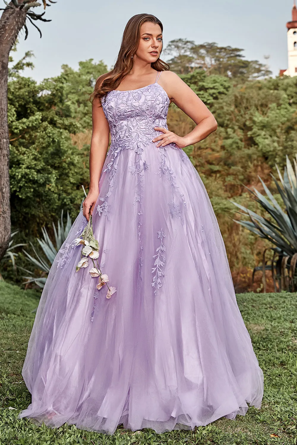 A-Line Spaghetti Straps Tulle Long Purple Prom Dress with Appliques sold by Wedtrend