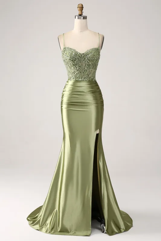 Sage Mermaid Spaghetti Straps Corset Sequin Lace-up Back Prom Dress With Slit made by Wedtrend