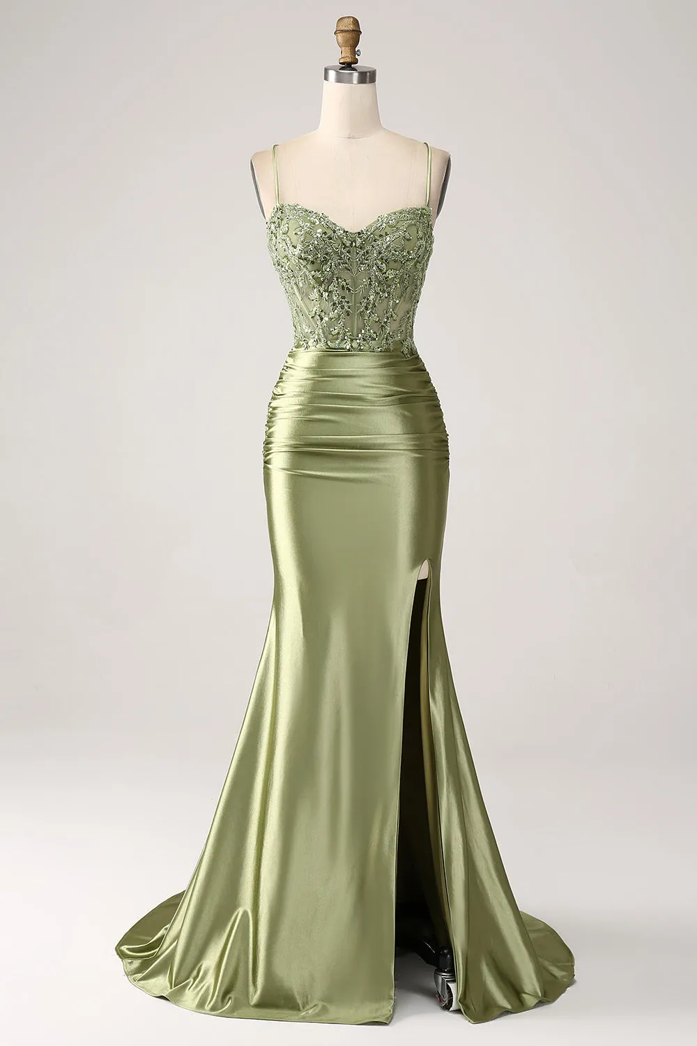 Sage Mermaid Spaghetti Straps Corset Sequin Lace-up Back Prom Dress With Slit sold by Wedtrend