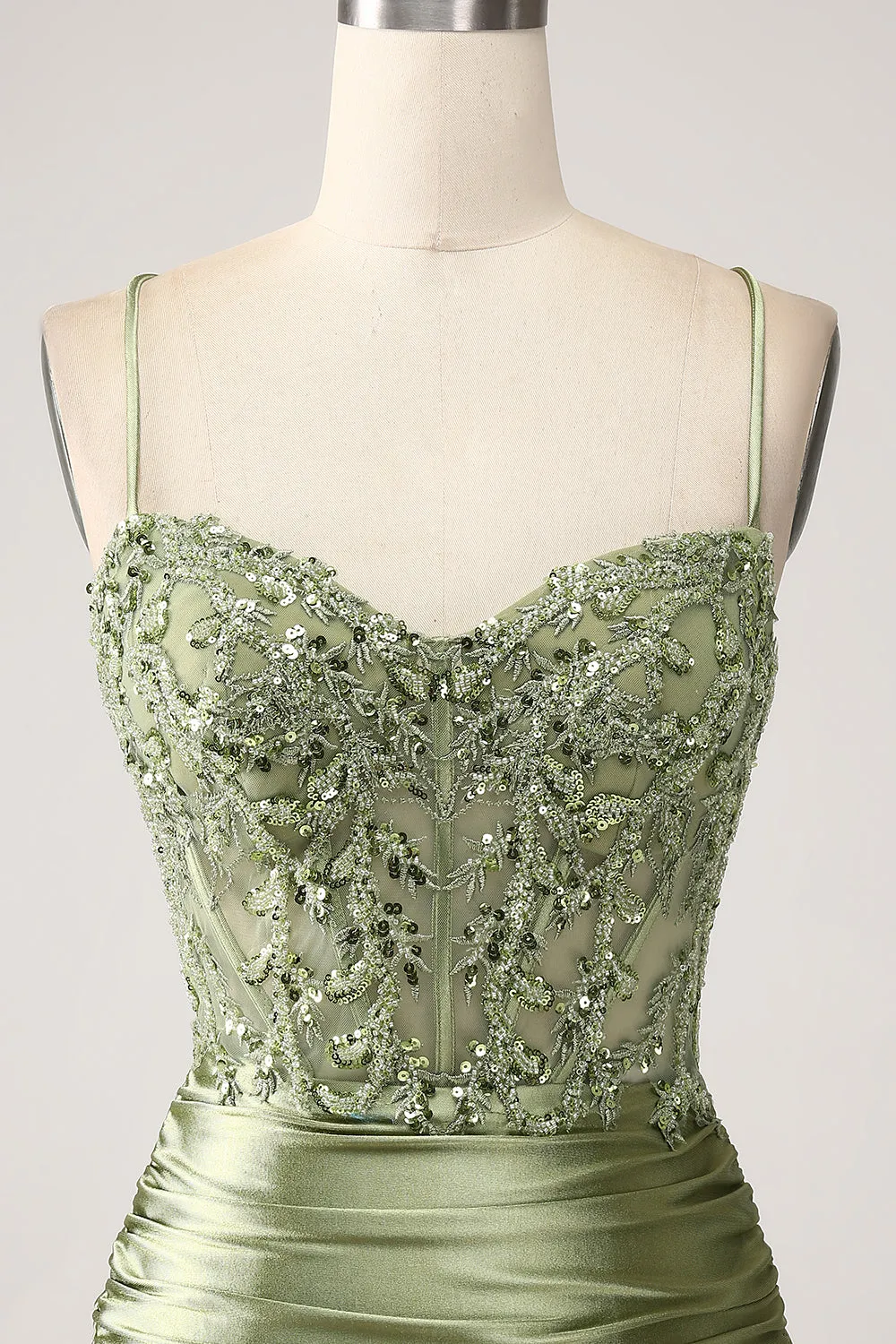 Sage Mermaid Spaghetti Straps Corset Sequin Lace-up Back Prom Dress With Slit sold by Wedtrend product image thumbnail 4