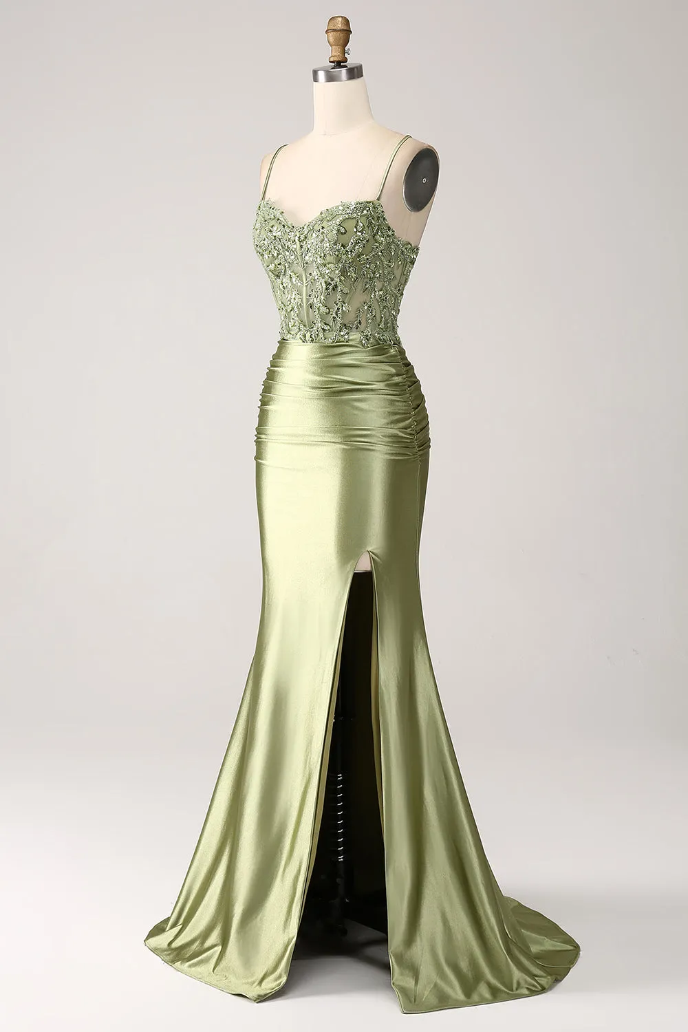 Sage Mermaid Spaghetti Straps Corset Sequin Lace-up Back Prom Dress With Slit sold by Wedtrend product image thumbnail 3