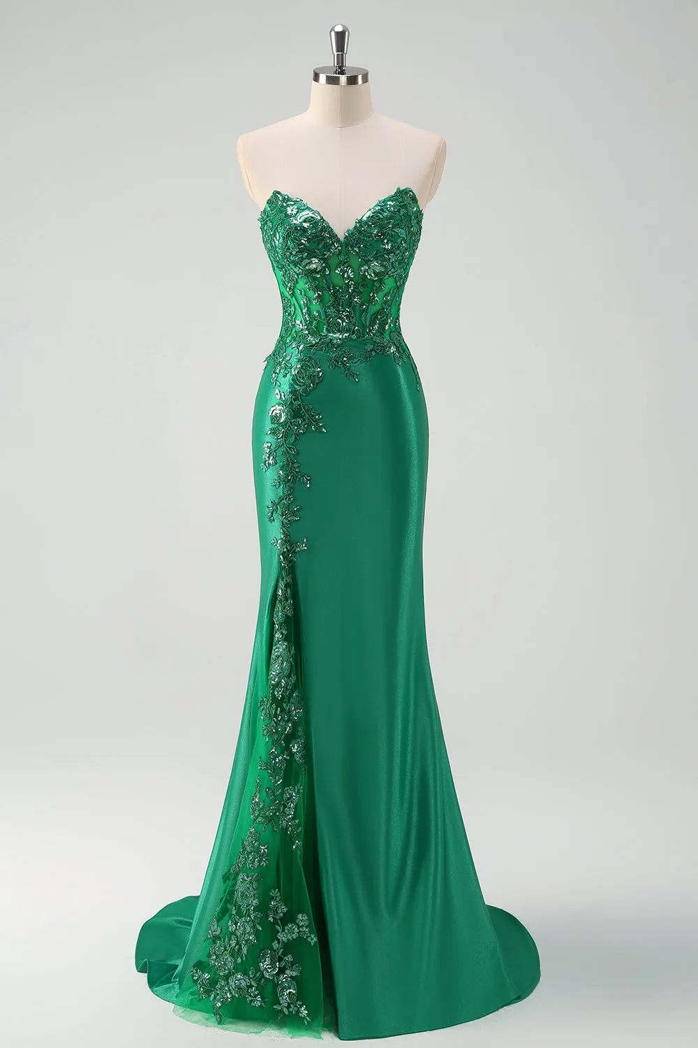 Green Mermaid Strapless Corset Sparkly Sequin Long Prom Dress with Slit sold by Wedtrend