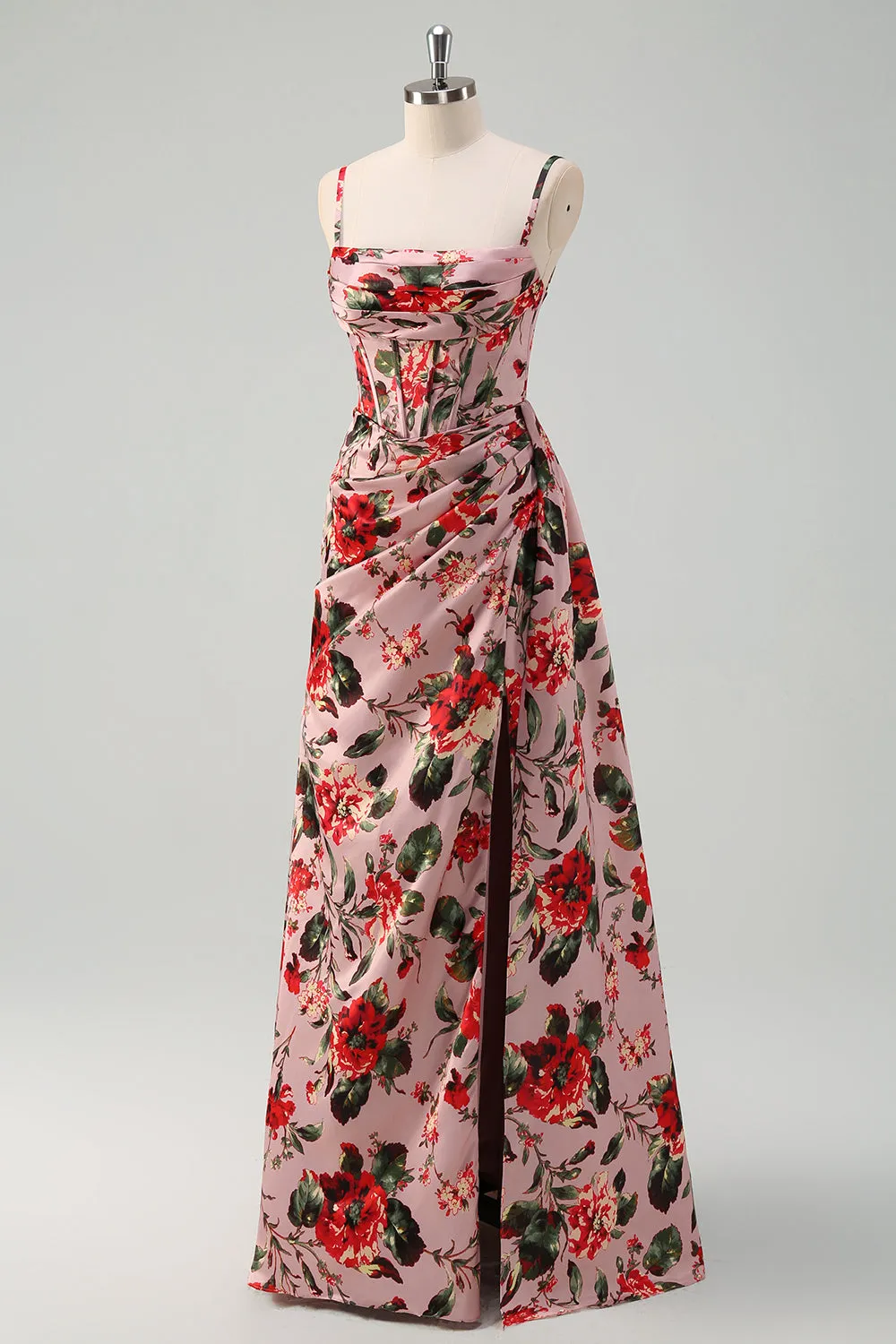 Pink Red Flower A-Line Spaghetti Straps Corset Ruched Long Prom Dress with Slit sold by Wedtrend product image thumbnail 3