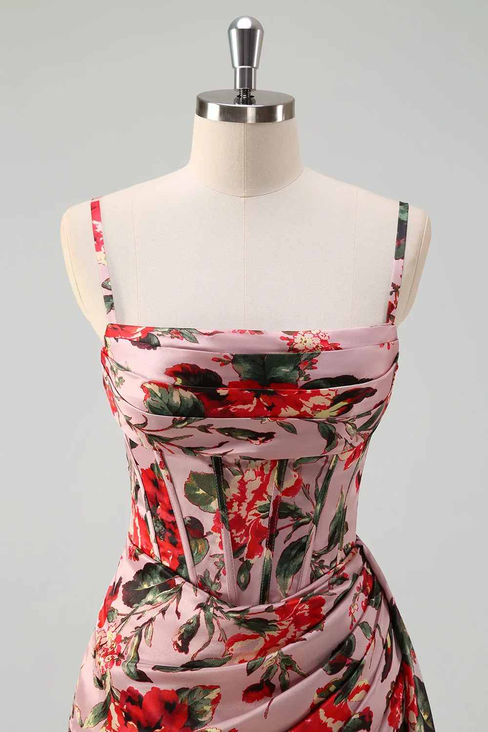 Pink Red Flower A-Line Spaghetti Straps Corset Ruched Long Prom Dress with Slit sold by Wedtrend product image thumbnail 4