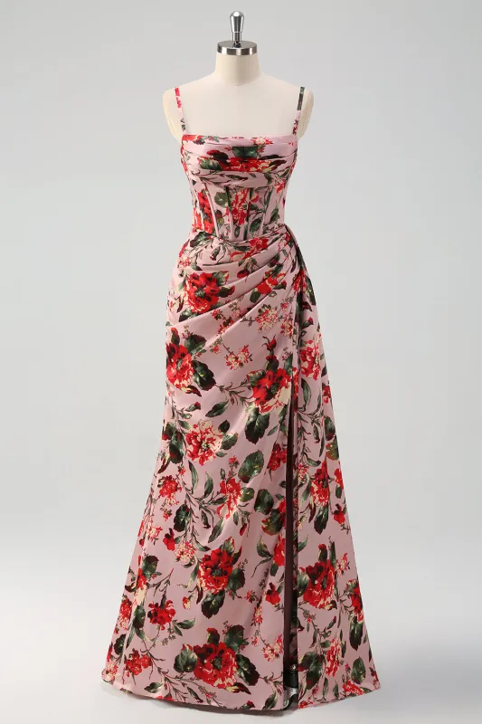 Pink Red Flower A-Line Spaghetti Straps Corset Ruched Long Prom Dress with Slit made by Wedtrend