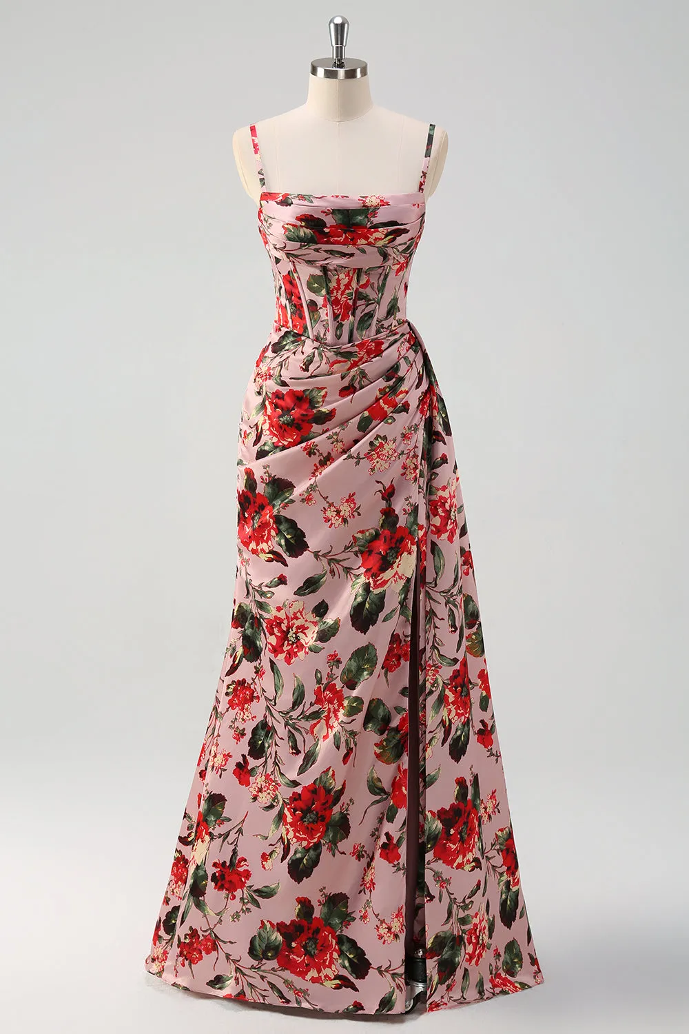 Pink Red Flower A-Line Spaghetti Straps Corset Ruched Long Prom Dress with Slit sold by Wedtrend