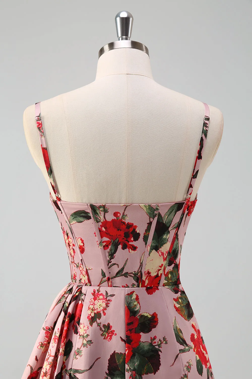 Pink Red Flower A-Line Spaghetti Straps Corset Ruched Long Prom Dress with Slit sold by Wedtrend product image thumbnail 5