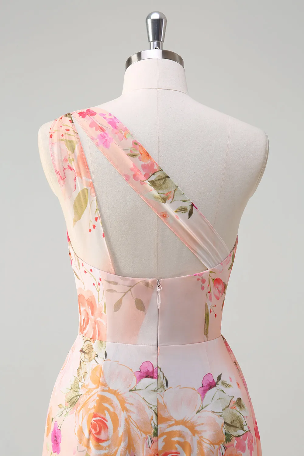 Pink Floral Sheath One Shoulder Long Wedding Guest Dress With Slit sold by Wedtrend product image thumbnail 5