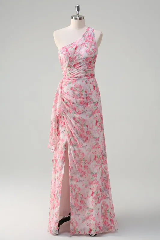 Pink Floral Sheath One Shoulder Long Wedding Guest Dress With Slit made by Wedtrend