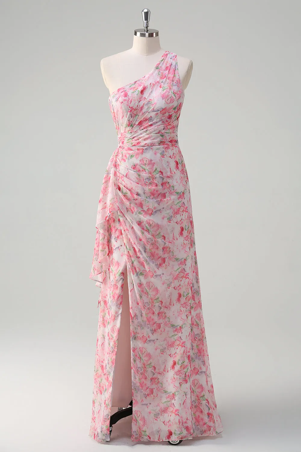 Pink Floral Sheath One Shoulder Long Wedding Guest Dress With Slit sold by Wedtrend