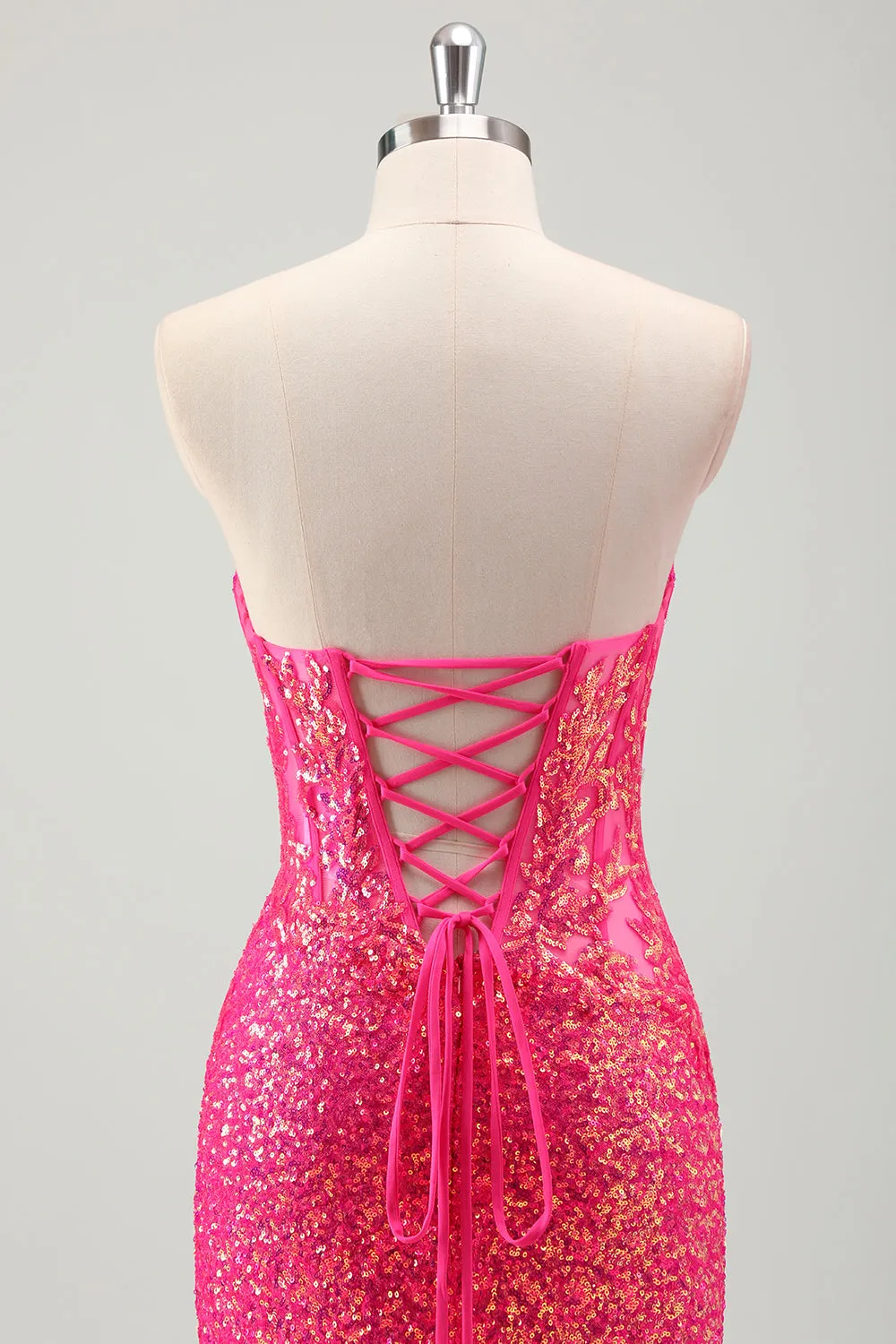 Sparkly Fuchsia Mermaid Sweetheart Corset Sequins Long Prom Dress with Slit sold by Wedtrend product image thumbnail 5