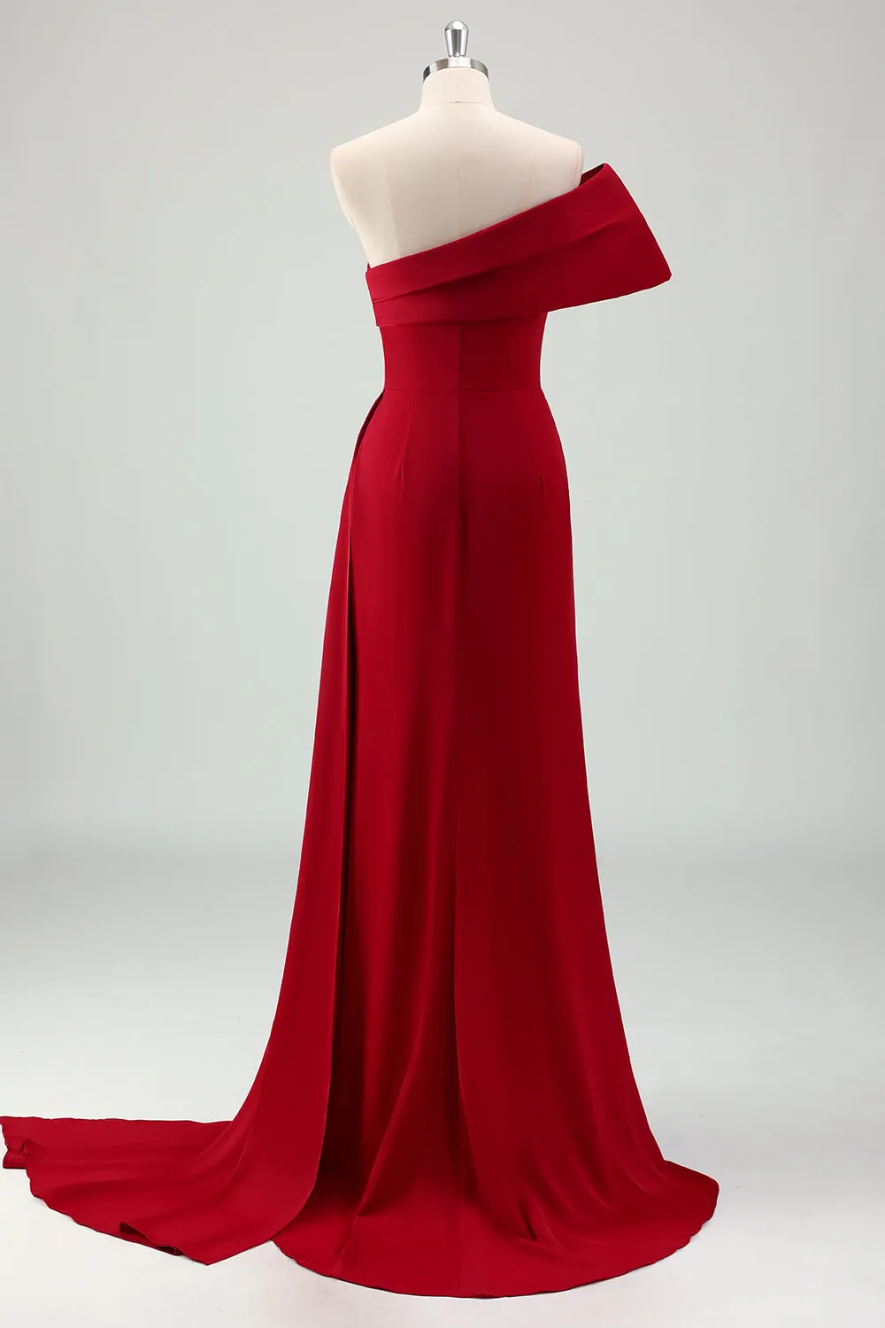 Red One Shoulder Pleated Satin Long Mermaid Prom Dress with Slit sold by Wedtrend product image thumbnail 2
