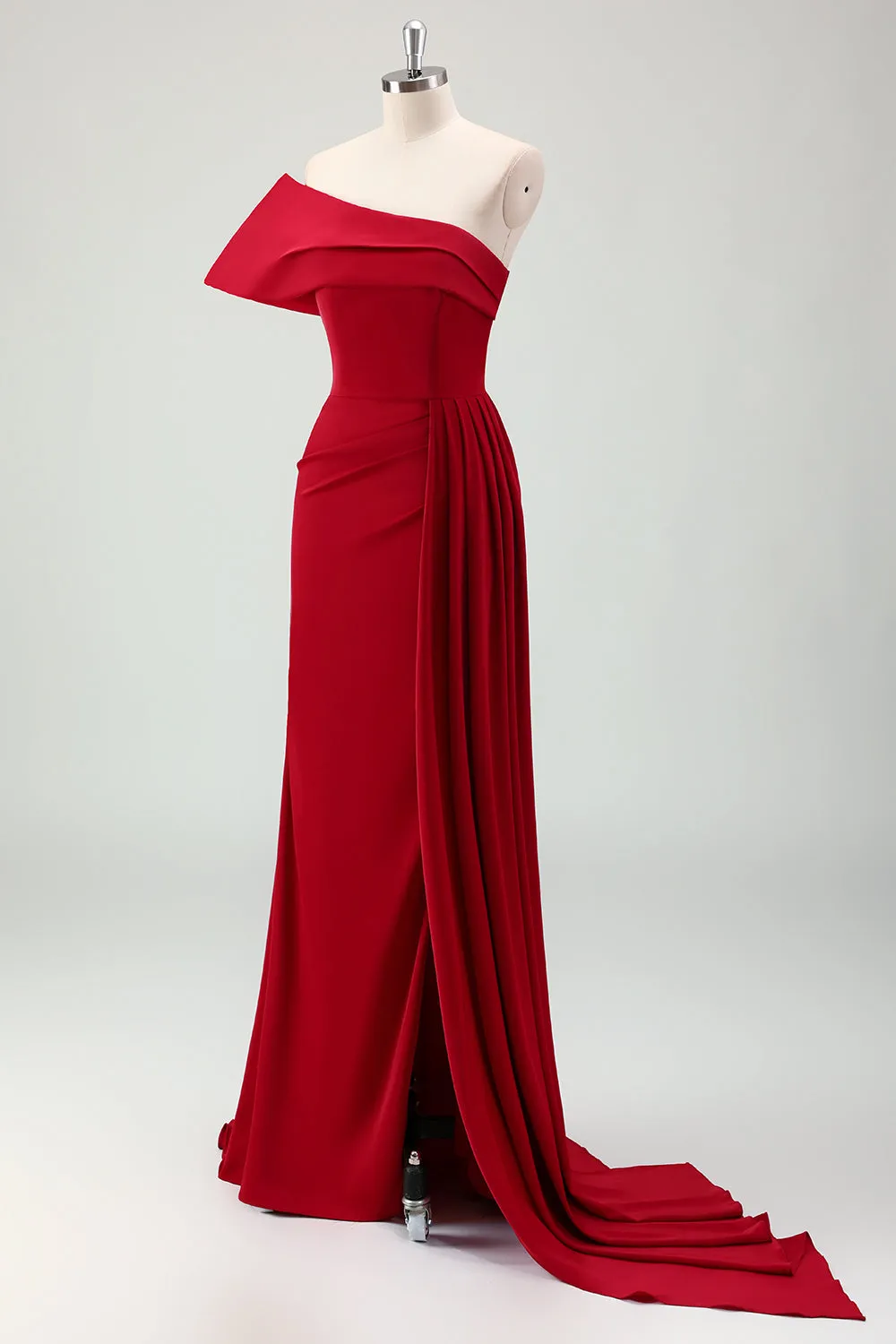 Red One Shoulder Pleated Satin Long Mermaid Prom Dress with Slit sold by Wedtrend product image thumbnail 3