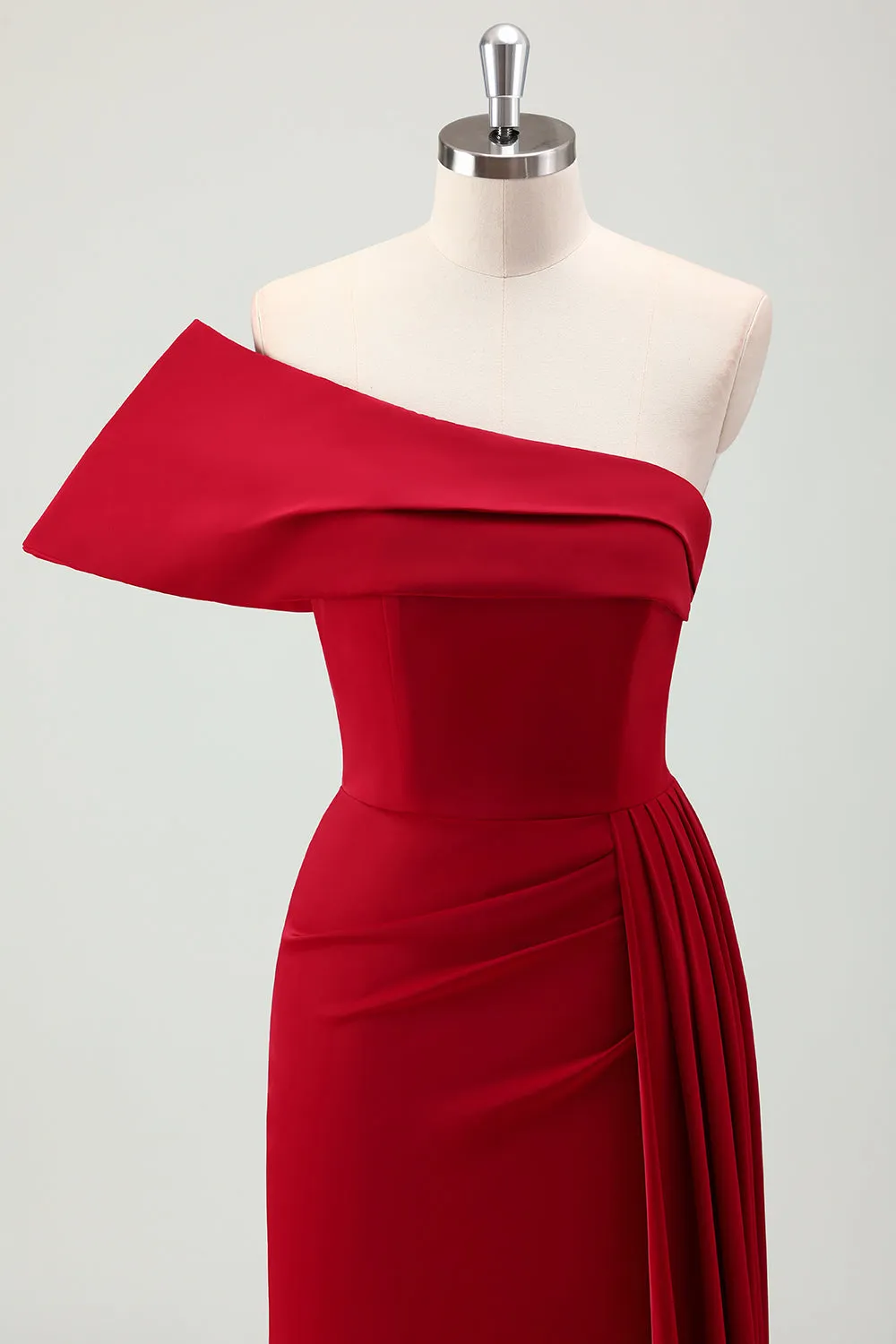 Red One Shoulder Pleated Satin Long Mermaid Prom Dress with Slit sold by Wedtrend product image thumbnail 4