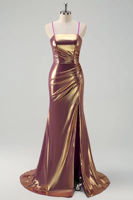 Golden Mermaid Spaghetti Straps Long Metallic Prom Dress with Slit made by Wedtrend