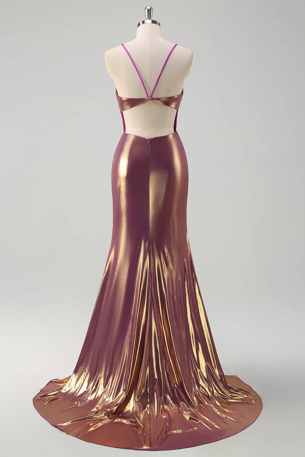 Golden Mermaid Spaghetti Straps Long Metallic Prom Dress with Slit sold by Wedtrend product image thumbnail 2