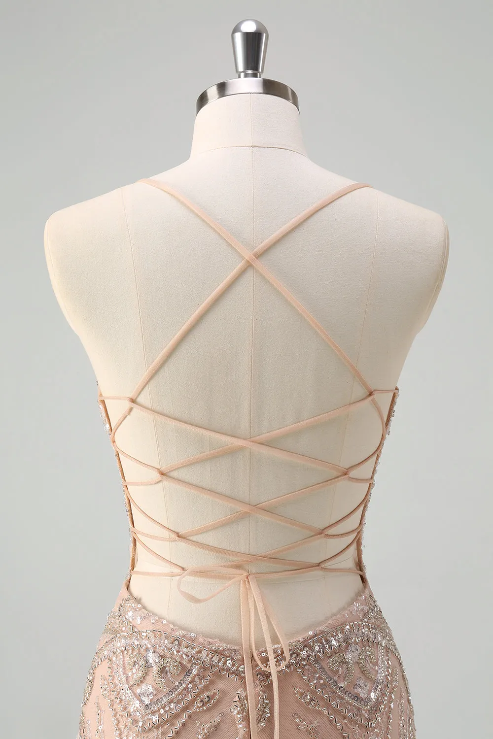 Sparkly Mermaid Champagne Spaghetti Straps Corset Prom Dress with Sequins sold by Wedtrend product image thumbnail 5