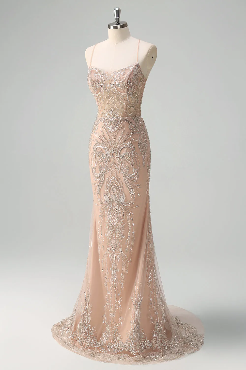 Sparkly Mermaid Champagne Spaghetti Straps Corset Prom Dress with Sequins sold by Wedtrend product image thumbnail 3