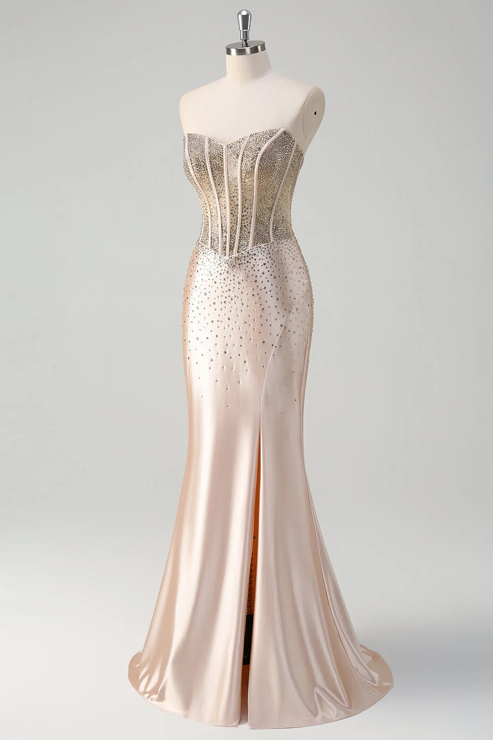 Champagne Strapless Mermaid Corset Beaded Long Prom Dress With Slit sold by Wedtrend product image thumbnail 4