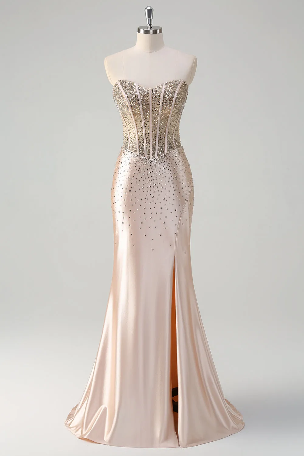 Champagne Strapless Mermaid Corset Beaded Long Prom Dress With Slit sold by Wedtrend