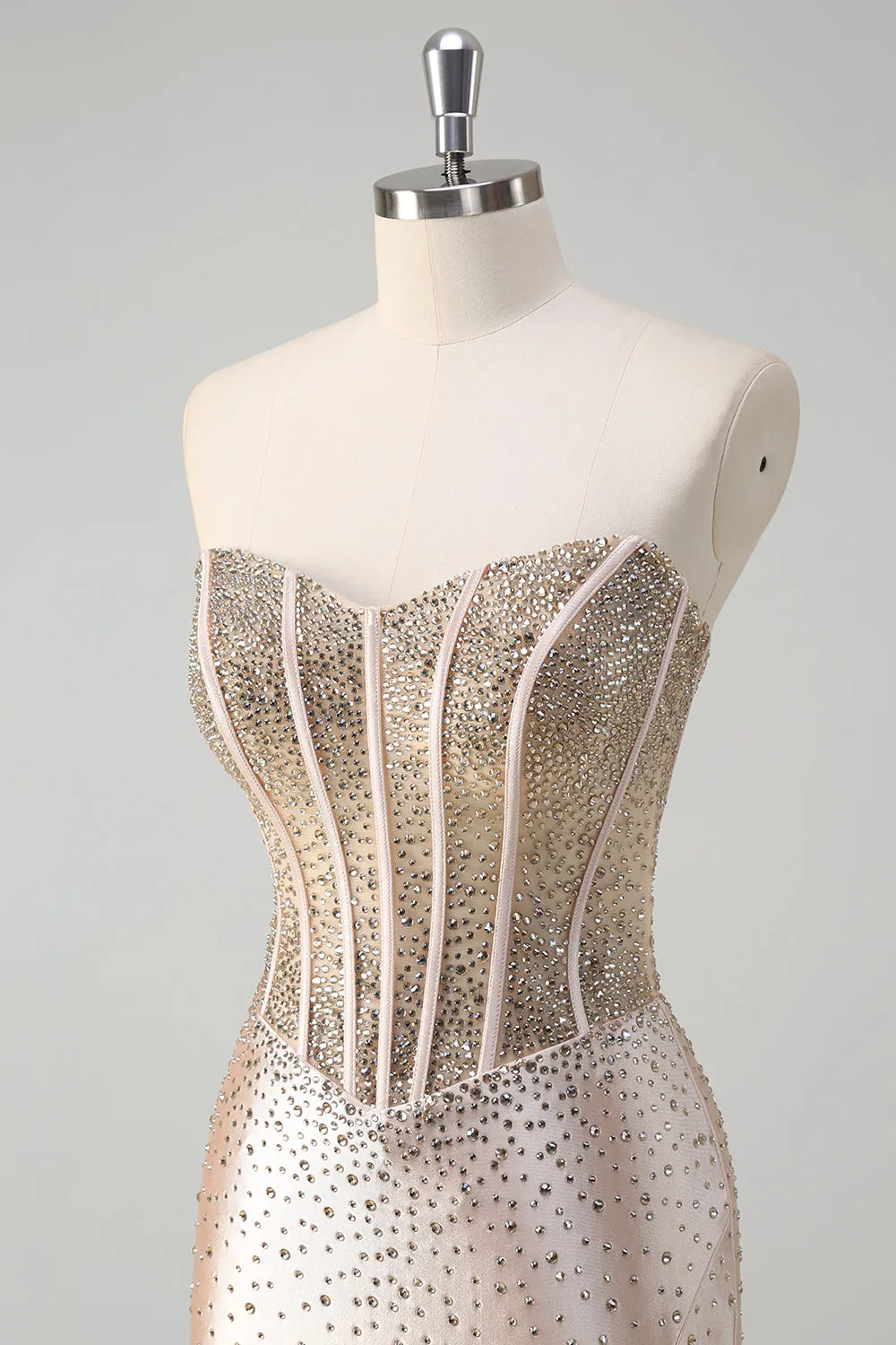 Champagne Strapless Mermaid Corset Beaded Long Prom Dress With Slit sold by Wedtrend product image thumbnail 5