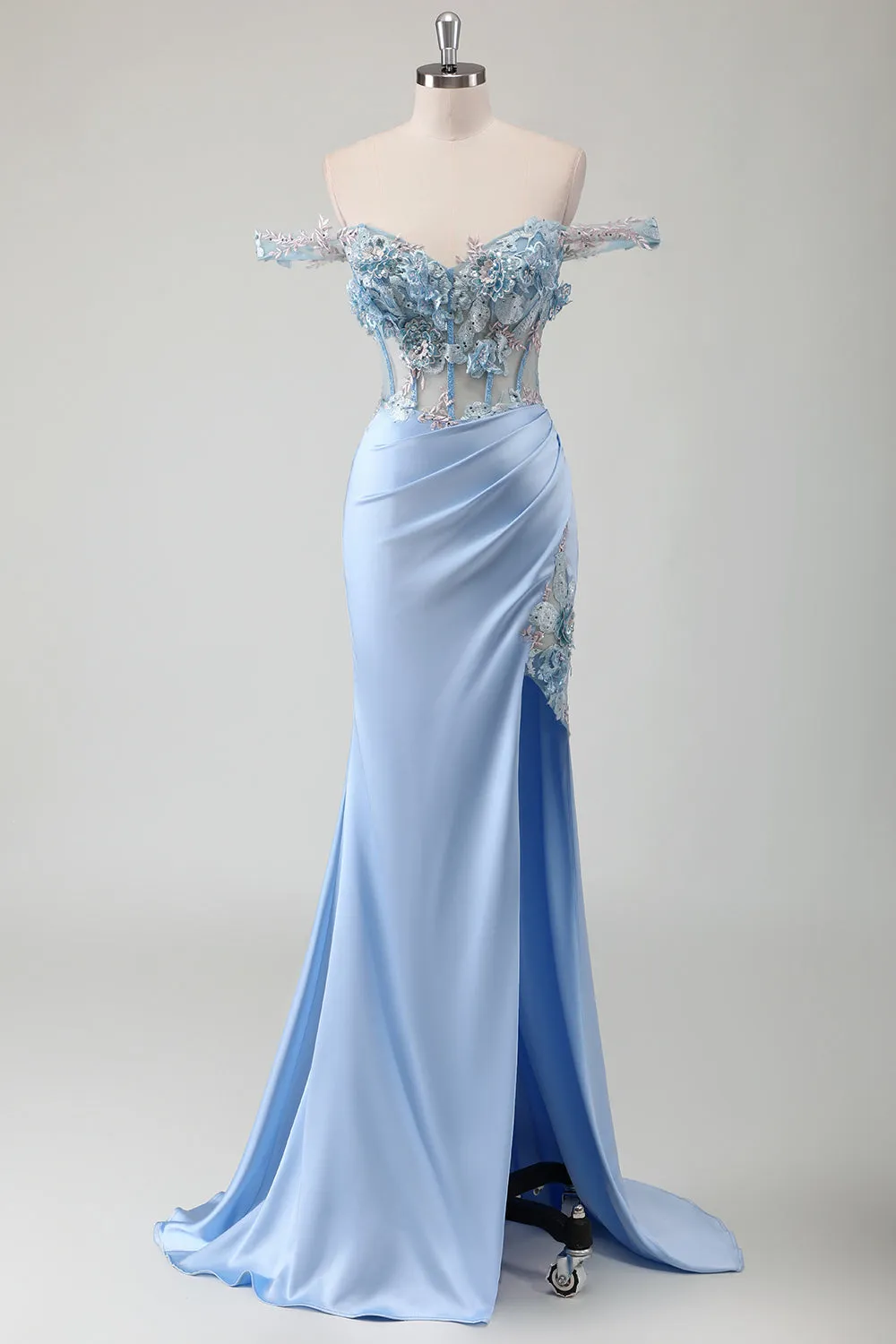 Sky Blue Mermaid Off The Shoulder Corset Appliqued Long Prom Dress With Slit sold by Wedtrend