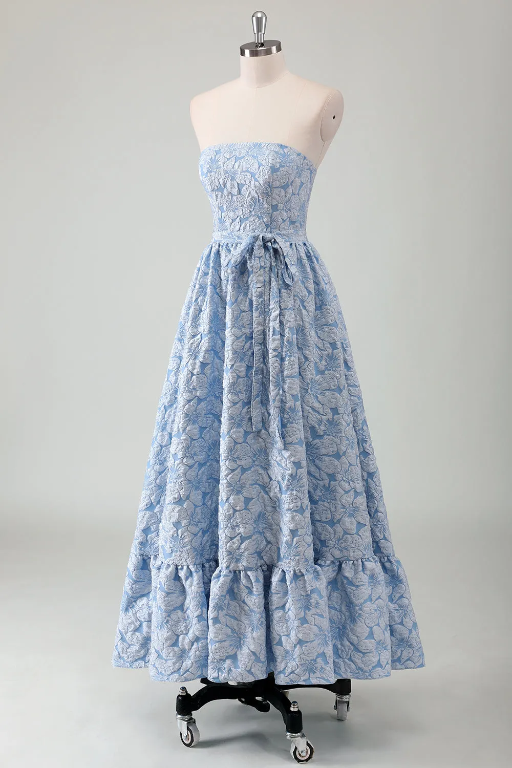 Blue A-Line Strapless Ruffled Maxi Dress with Belt sold by Wedtrend product image thumbnail 3