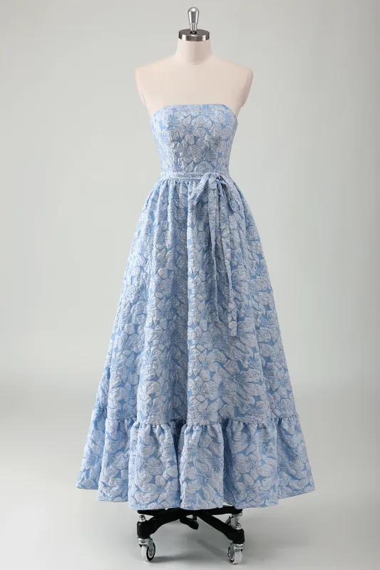 Blue A-Line Strapless Ruffled Maxi Dress with Belt made by Wedtrend