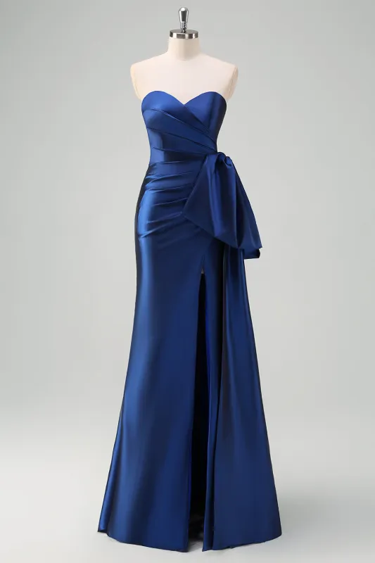 Dark Blue Mermaid Strapless Pleated Long Prom Dress with Draped Bow Accent made by Wedtrend