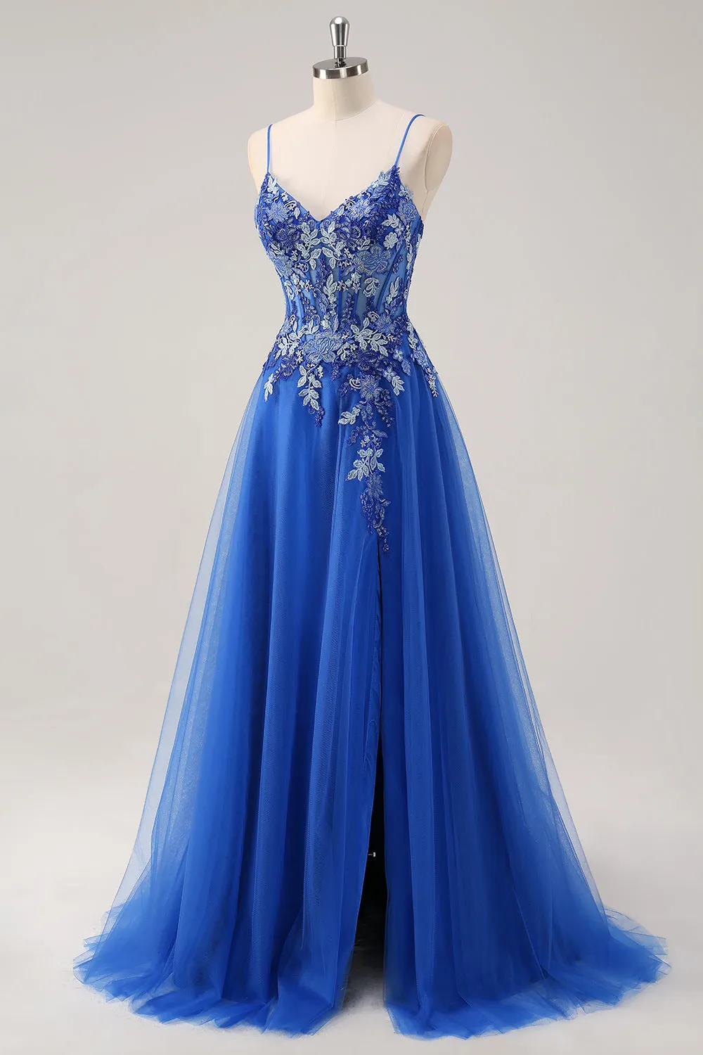 Royal Blue A-Line Spaghetti Straps Corset Tulle Prom Dress With Embroidery sold by Wedtrend product image thumbnail 5