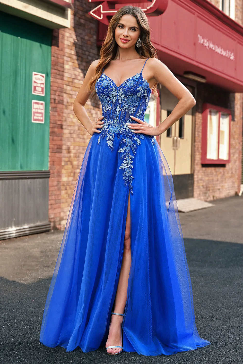 Royal Blue A-Line Spaghetti Straps Corset Tulle Prom Dress With Embroidery sold by Wedtrend product image thumbnail 3