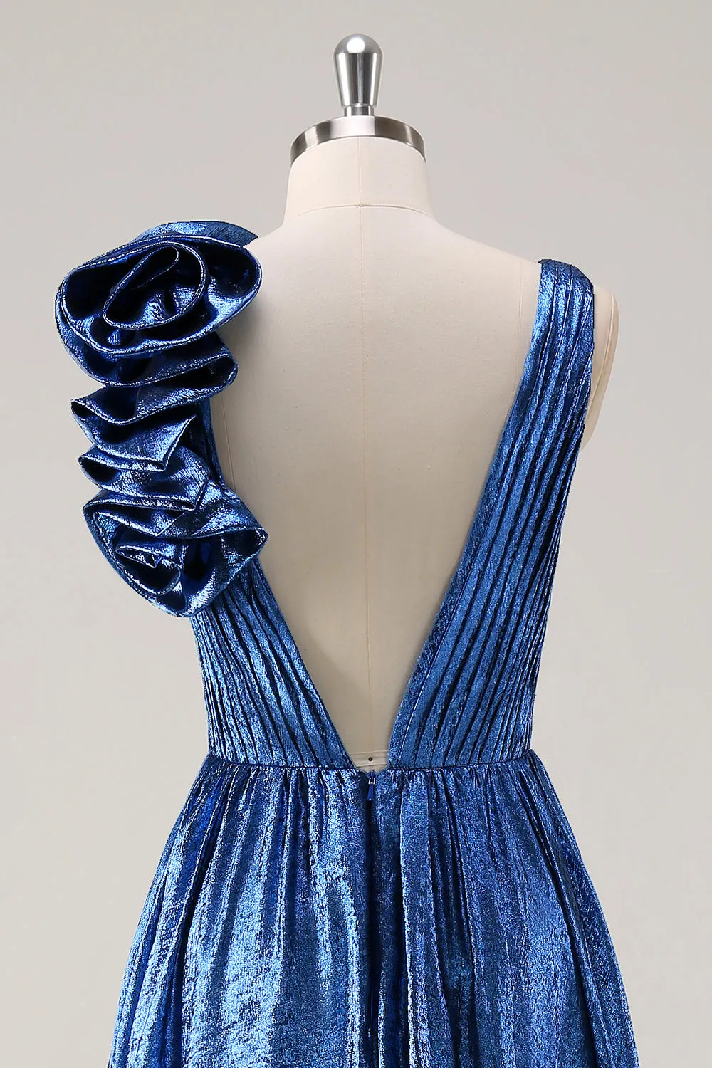 Royal Blue A Line Deep V-Neck Metallic Prom Dress with Floral Shoulder Detail sold by Wedtrend product image thumbnail 5