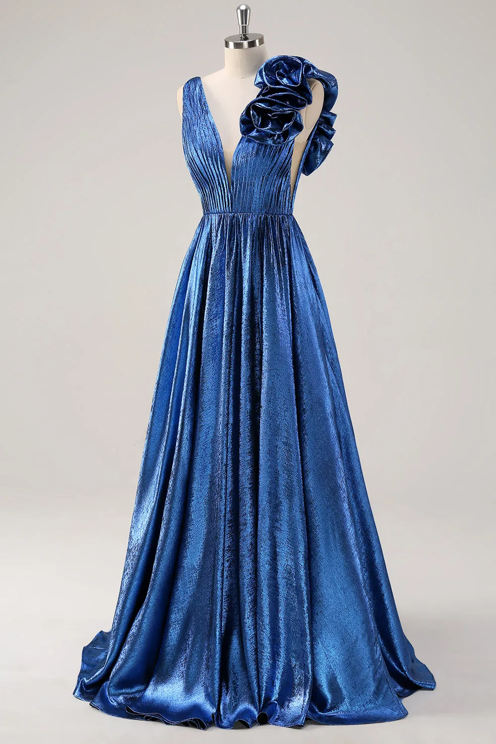 Royal Blue A Line Deep V-Neck Metallic Prom Dress with Floral Shoulder Detail sold by Wedtrend product image thumbnail 3