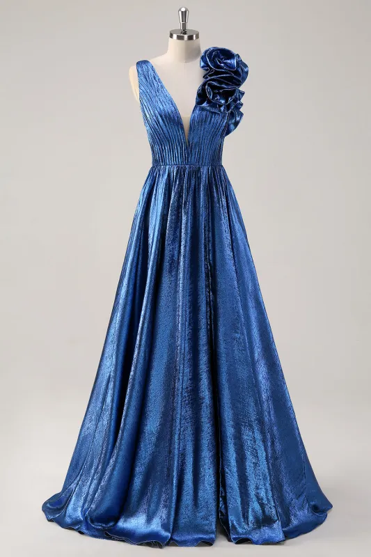 Royal Blue A Line Deep V-Neck Metallic Prom Dress with Floral Shoulder Detail made by Wedtrend