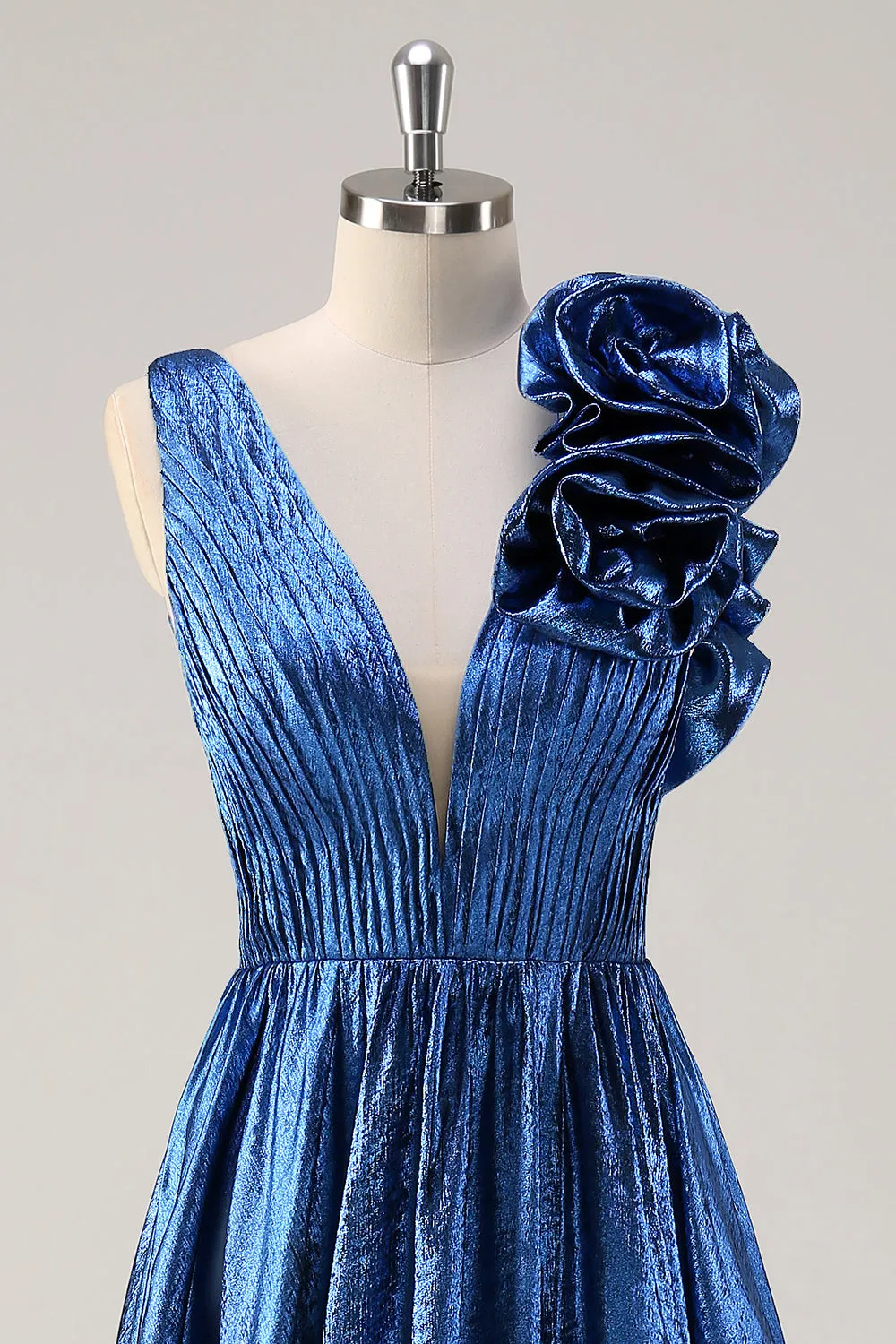 Royal Blue A Line Deep V-Neck Metallic Prom Dress with Floral Shoulder Detail sold by Wedtrend product image thumbnail 4