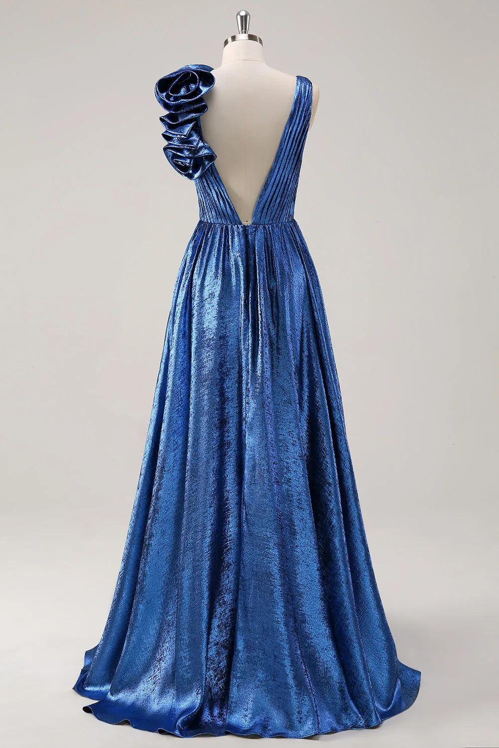 Royal Blue A Line Deep V-Neck Metallic Prom Dress with Floral Shoulder Detail sold by Wedtrend product image thumbnail 2