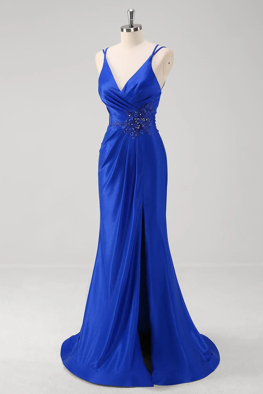 Sparkly Mermaid Spaghetti Straps Ruched Long Royal Blue Prom Dress With Slit sold by Wedtrend product image thumbnail 3
