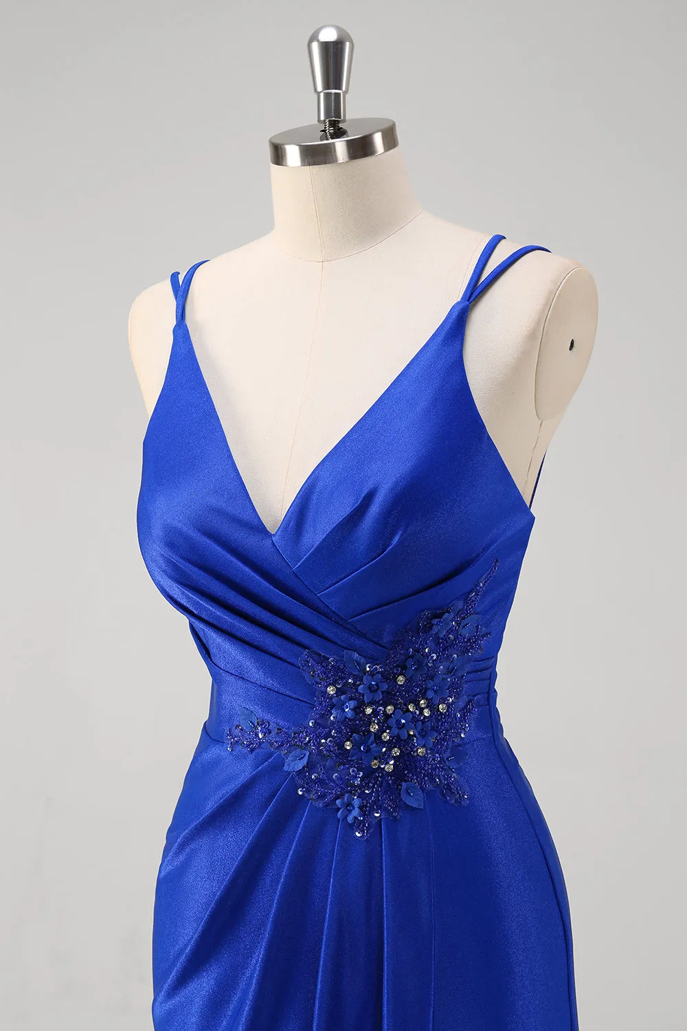 Sparkly Mermaid Spaghetti Straps Ruched Long Royal Blue Prom Dress With Slit sold by Wedtrend product image thumbnail 4