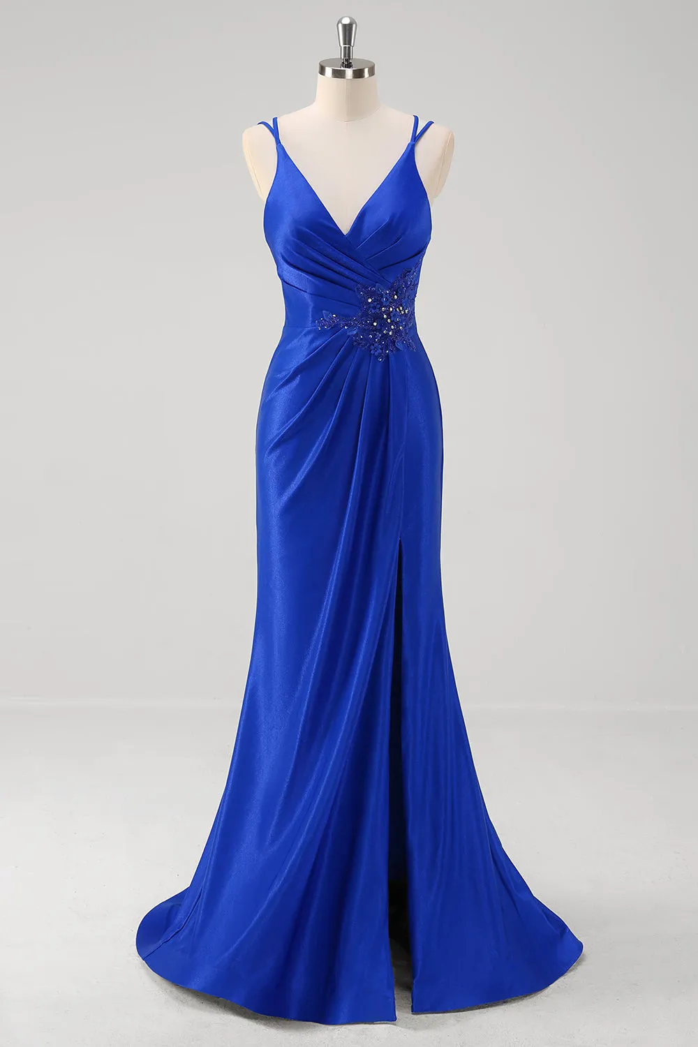 Sparkly Mermaid Spaghetti Straps Ruched Long Royal Blue Prom Dress With Slit sold by Wedtrend