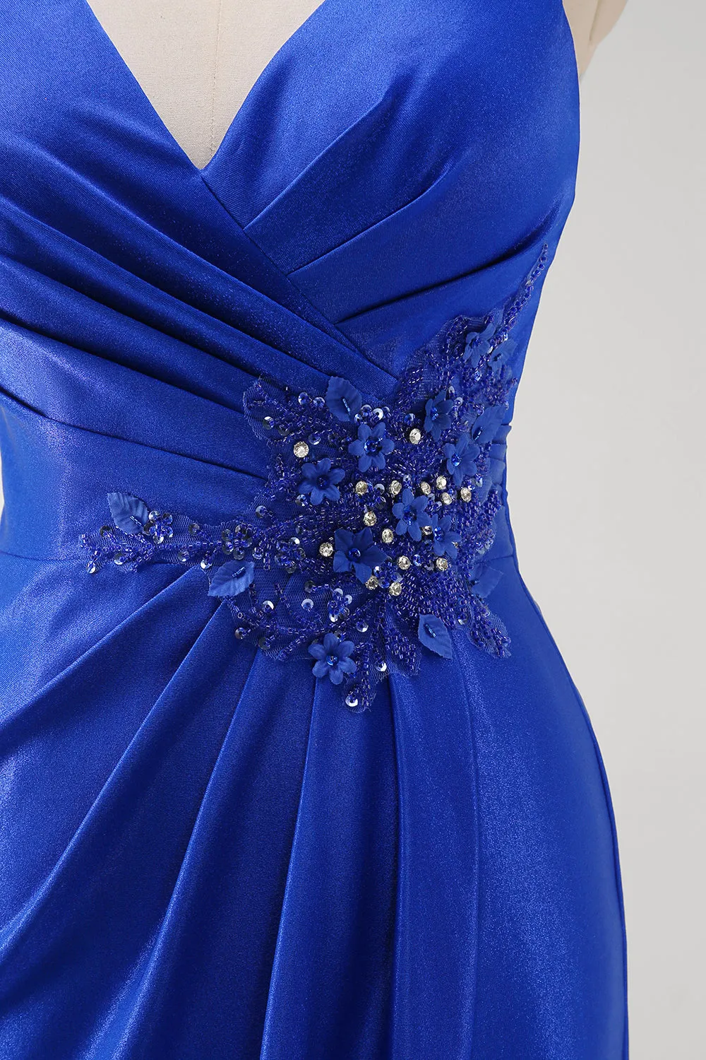 Sparkly Mermaid Spaghetti Straps Ruched Long Royal Blue Prom Dress With Slit sold by Wedtrend product image thumbnail 5