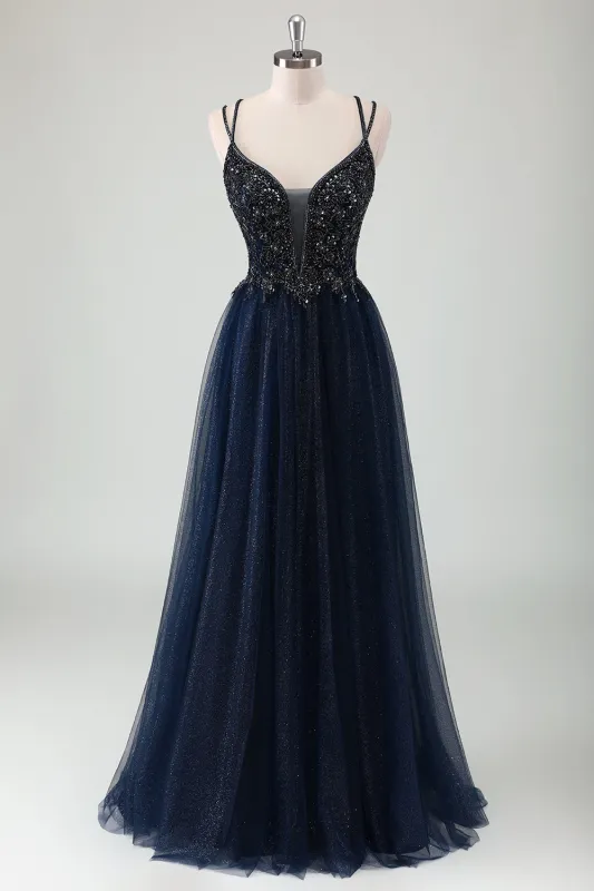 Sparkly Navy A-Line Spaghetti Straps Long Prom Dress with Sequins sold by Wedtrend