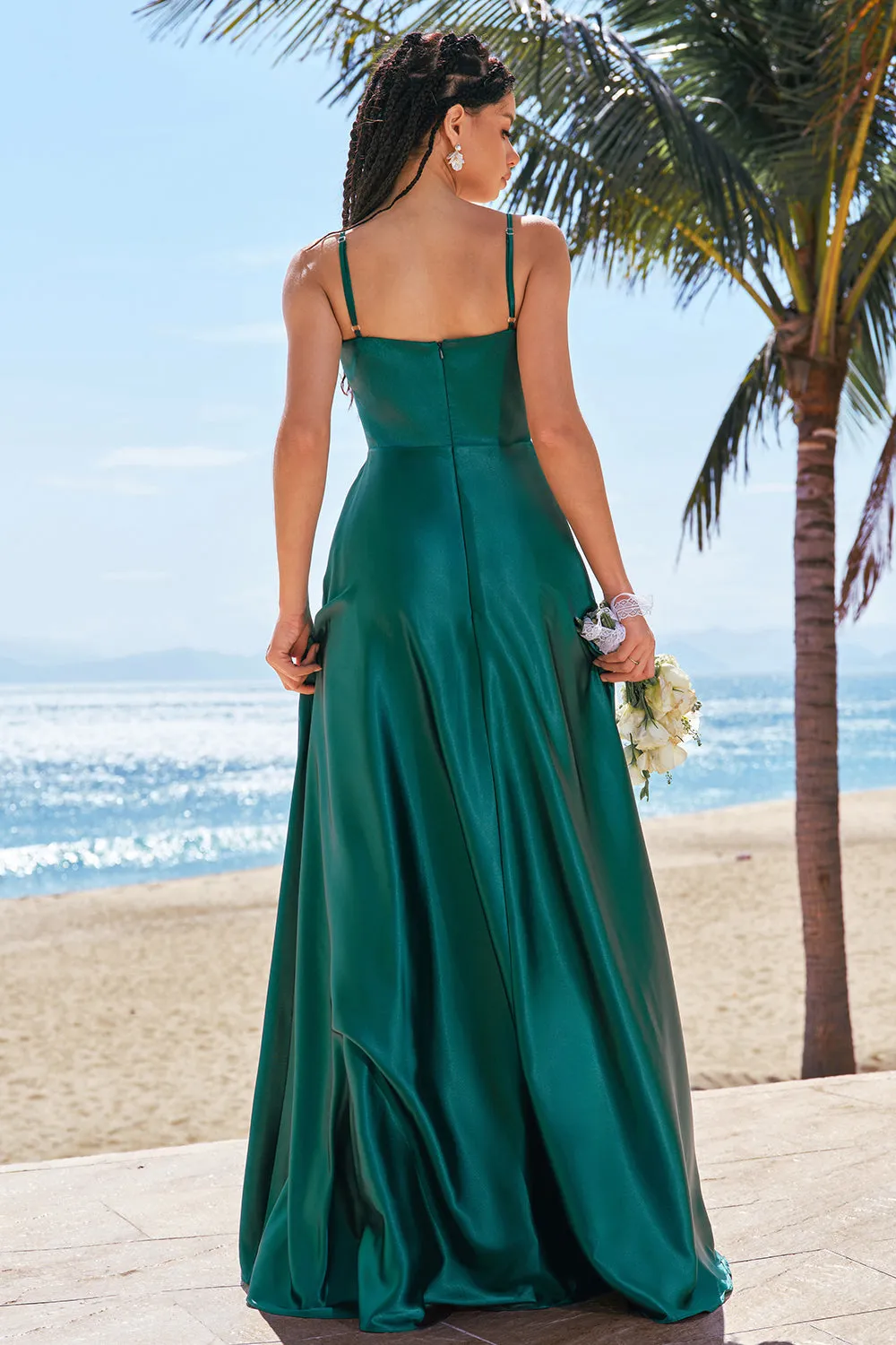 Dark Green A-Line Spaghetti Straps Ruched Satin Long Bridesmaid Dress sold by Wedtrend product image thumbnail 2