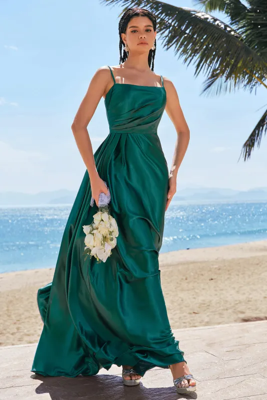 Dark Green A-Line Spaghetti Straps Ruched Satin Long Bridesmaid Dress sold by Wedtrend